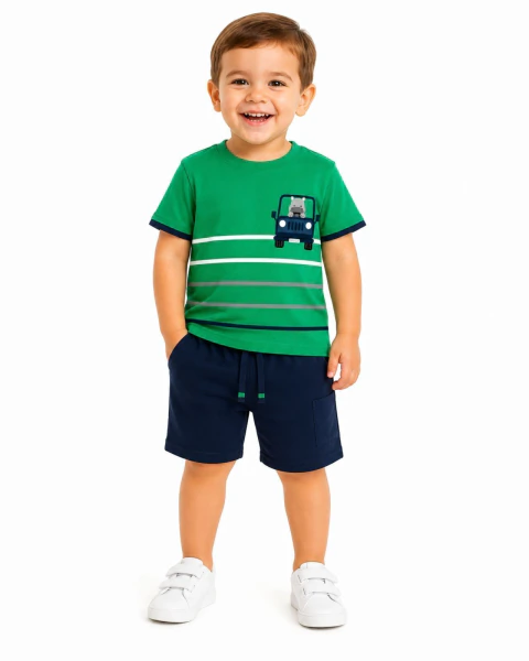 Conjunto Kyly Menino Camiseta Verde e Bermuda Marinho