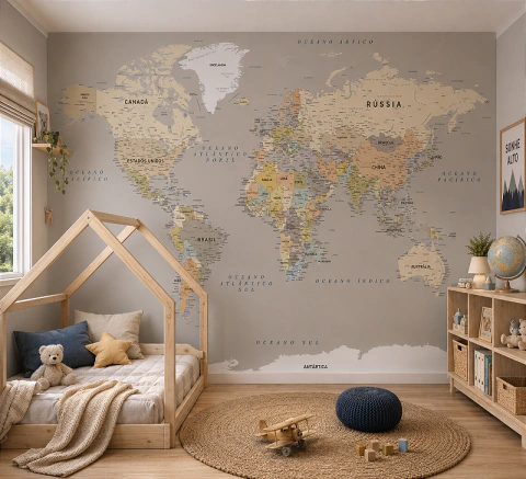 Papel de Parede Mapa do Mundo Camurça para Quarto Infantil Personalizado Sob Medida