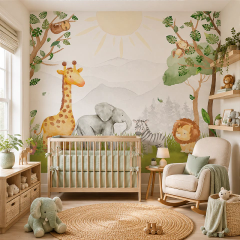 Papel de Parede Infantil Bebê Safari Aquarela Personalizado Sob Medida