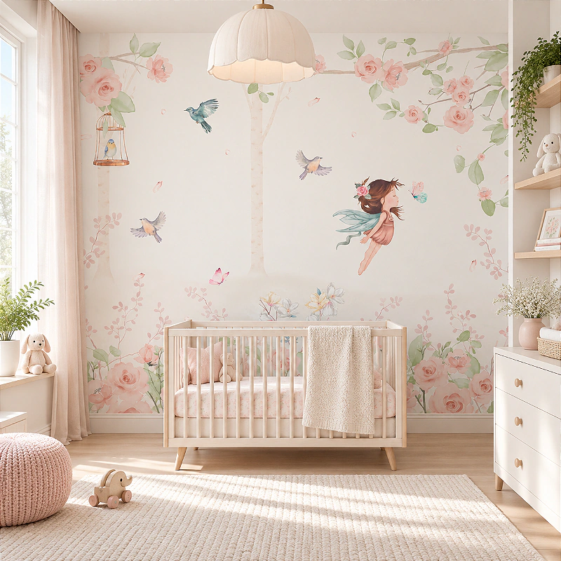 Papel de Parede Infantil Personalizado Jardim Fada e Borboletas Sob Medida