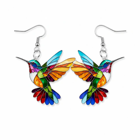 Aritos de mujer acrilicos con forma de colibri coloridos