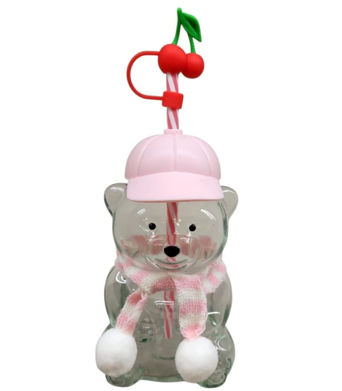 VASO DE VIDRIO DE OSO TEDDY CON BUFANDA Y TAPON MODELO SURTIDO 500ML