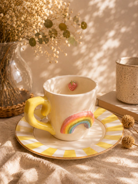 Set taza arcoíris y plato rayas amarilla