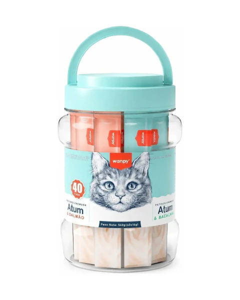 Petisco Para Gato Pote Creamy Wanpy Sortido Sabor Atum e Salmão + Atum e Bacalhau com 40 tubos 560g