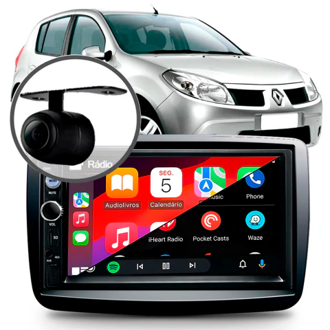 Kit Central Carplay C/ Fio + Moldura Sandero + Camera