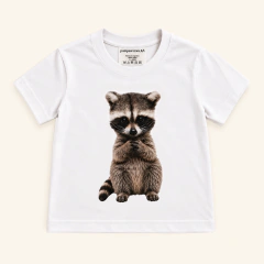 Remera Infantil de algodon estampa divertidos animales y mascotas, diseño Mapache, animales del bosque
