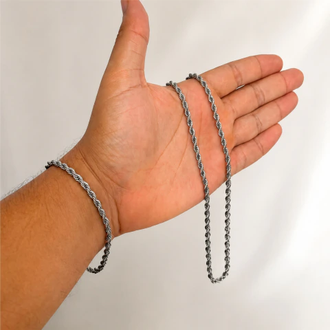 Kit Corrente e pulseira Aço Inox 316L Trançado