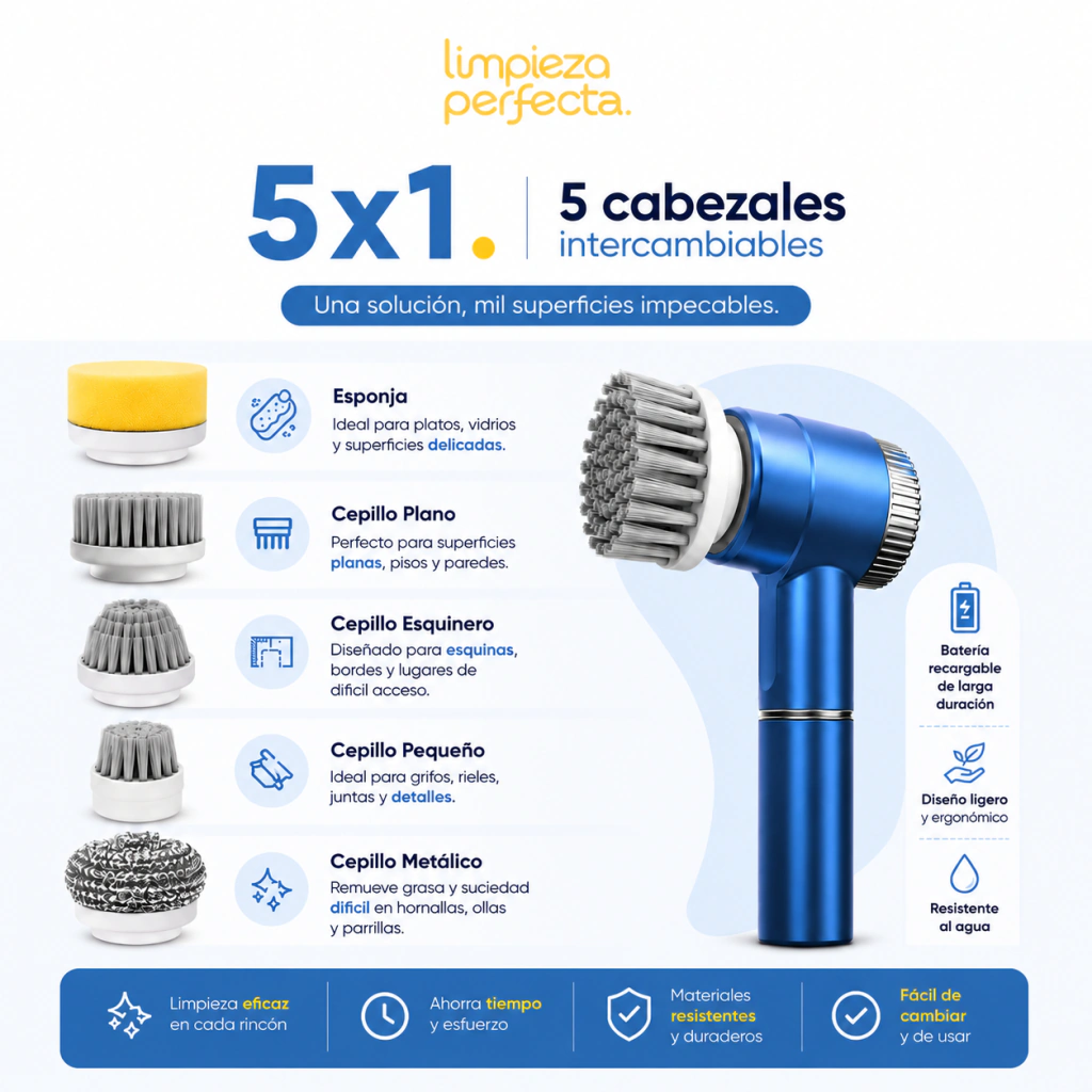 Cepillo de Limpieza Eléctrico Multifuncional 5 en 1 - Impermeable - Recargable