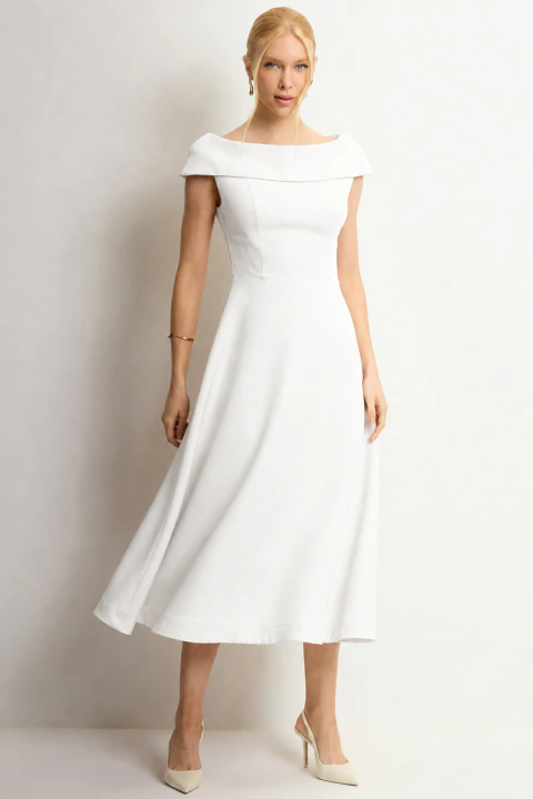 Vestido Midi Dara Rodado Casamento Civil Ombro a Ombro Off White