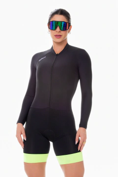 Macaquinho Ciclismo Feminino Forro em Gel - Preto e Verde Manga Longa Way Fresh