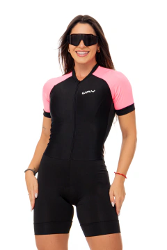 Macaquinho Ciclismo Feminino Forro em Espuma - Preto e Rosa PRO Manga Curta Way