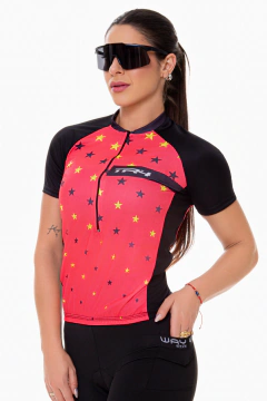 Camisa de Ciclismo Feminina Rosa Estrelado (PRO) Manga Curta Way