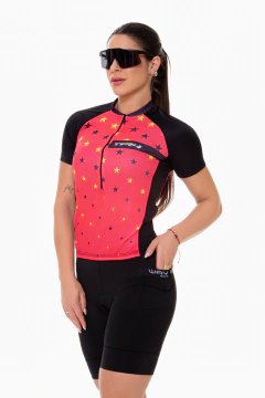 Conjunto de Ciclismo Feminino Camisa Rosa Estrelas + Bermuda Espuma - Way