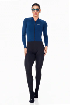 Macacão de Ciclismo Feminino Forro em Gel - Azul Marinho Manga e Perna Longa Way