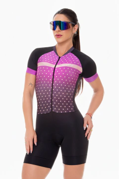 Macaquinho Ciclismo Feminino Forro em Espuma - Poá Roxo Manga Curta (Pro)