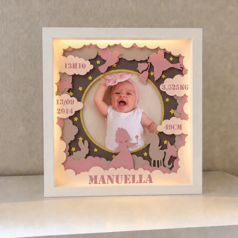 Foto - Dados Nascimento - Princesa - Quadro do Bebê com LED e MOLDURA CAIXA ALTA - QB005