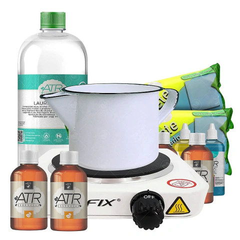 Combo Fabricação de Sabonetes 2kg Base Nossa Terra + 2 Essências 100ml + 2 Corantes Cosméticos 100ml + 1 Litro de Lauril + 2 Extratos 100ml + Fogão Elétrico + Leiteira