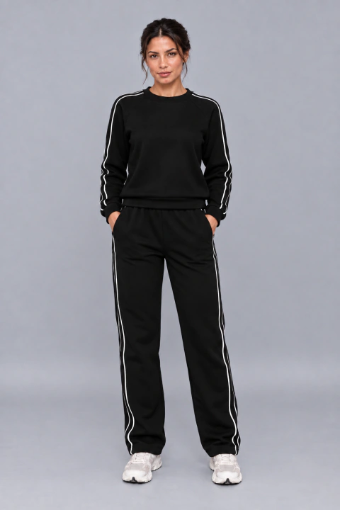 Conjunto de Moletom com Listras - Preto