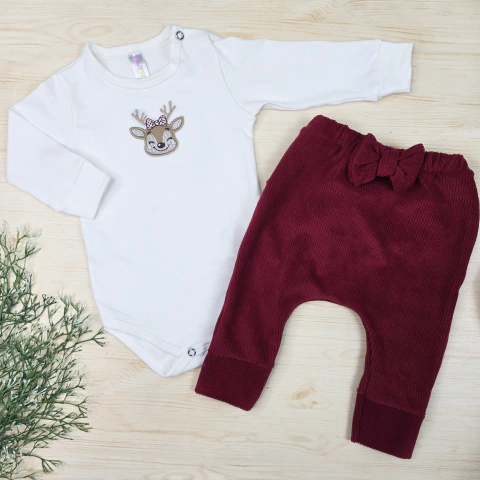 Conjunto Bebê Menina Body Algodão Premium Bordado e Calça Veludo Canelado - Rena