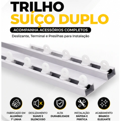 Trilho Suíço Duplo Max Alumínio Branco Acompanha Presilhas, Deslizantes, Terminais e Parafusos para instalação