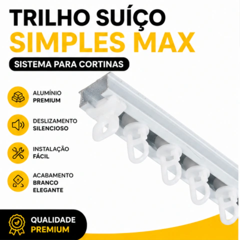 Trilho Suíço Simples Max Alumínio Branco Acompanha Presilhas, Deslizantes, Terminais e Parafusos para instalação