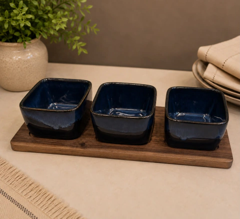Bandeja Servir de Cerâmica com Tampa Cristal e Base de Madeira - 7 x 7 x 5 cm (cada)