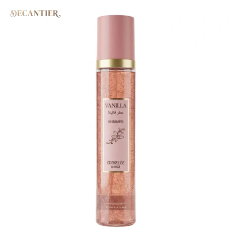 Frasco de Body Splash Vanilla Shimmer Isabelle La Belle 300ml com líquido rosado brilhoso e tampa rosa