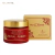 Embalagem do creme corporal Royal Amber da Isabelle La Belle, pote vermelho com tampa dourada ao lado de caixa dourada com detalhes em vermelho