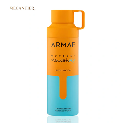 Spray corporal Armaf Odyssey Mandarin Sky edição limitada com embalagem laranja e azul de 200ml