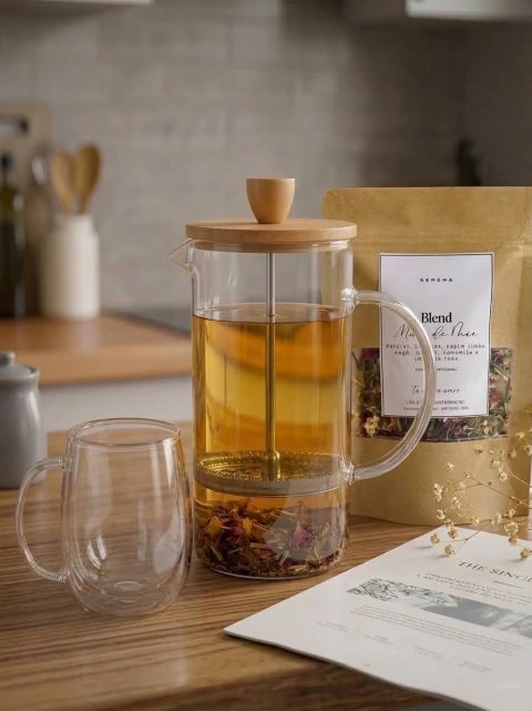 Prensa Francesa | Chá e Café | Vidro e tampa de Bambu | 600ml