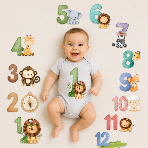 Adesivo Transfer Termocolante Impressão Kit 12 Adesivos P/tecido Mêsversário – Cartela 1 a 12 Meses- Para Body camisetas e Pijamas