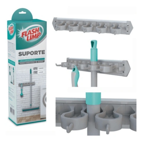 SUPORTE MOPS E VASSOURAS C/11 COMPARTIMENTOS CINZA FLASHLIMP