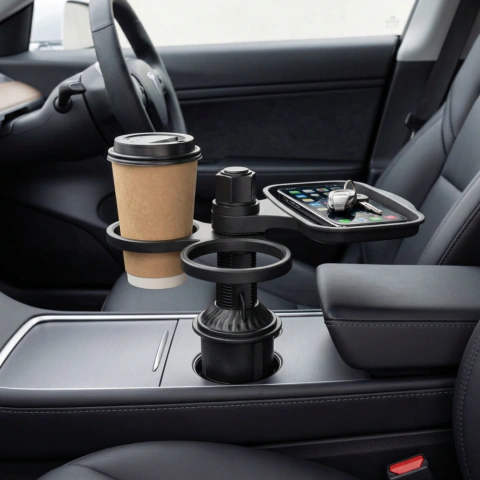 Organizador Multifuncional de Carro com Bandeja e Porta-Copos Giratórios 360°
