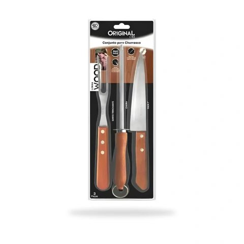Conjunto de Churrasco com Faca, Garfo e Chaira Amolador com Cabo de Madeira