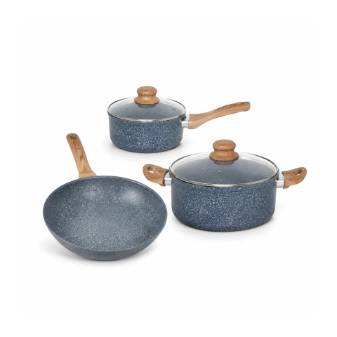 Batería de Cocina 4 Piezas Granito Azul – Cacerola, Sartén y Jarro c/ Tapa