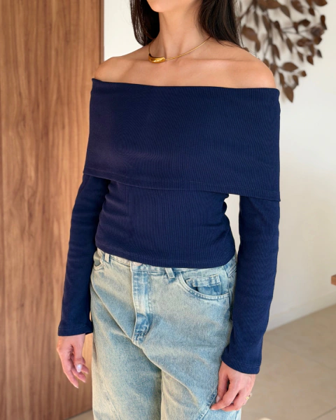 Blusa ombro ombro manga azul marinho