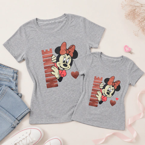 Kit Camiseta Mãe e Filha Minnie Mescla com Glitter
