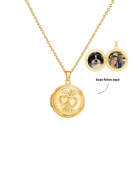 Relicário Redondo Floral - Banhado a ouro 18k