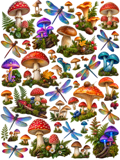 Cogumelos e Libélulas 016 - DTF UV