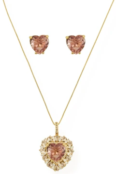 Conjunto Colar e Brinco Coração Cravejado - comprar online