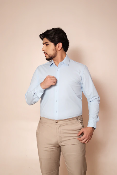 Camisa Manga Longa Ready Azul Bebê | Tecido Que Não Precisa Passar