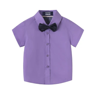 LittleSpring Camisa Social Roxa Infantil para Meninos Tamanho 4T, Manga Curta, Botões, Algodão, com Gravata Borboleta E Gola Polo.