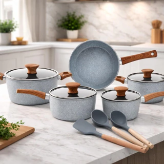 Conjunto Verona Jogo de Panelas Antiaderente Alumínio 8 Peças Com Tampa Revestimento Interno Antiaderente Cinza Grey Select Inclui Frigideira Caçarola Panelas Espátulas de Silicone Linha Gourmet
