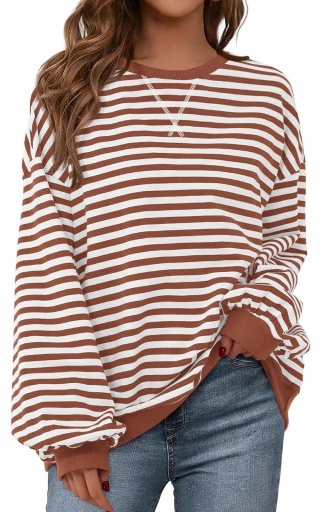 PRETTYGARDEN Moletom feminino listrado grande, gola redonda, manga comprida, casual, solto, roupas Y2K