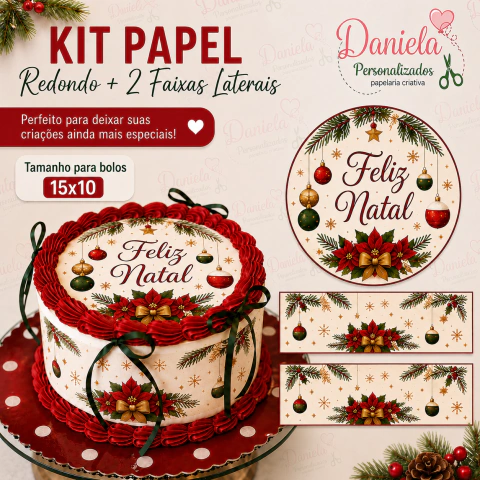 Kit Papel Redondo + 2 Faixas Laterais – Feliz Natal | Para Bolos 15x10 cm