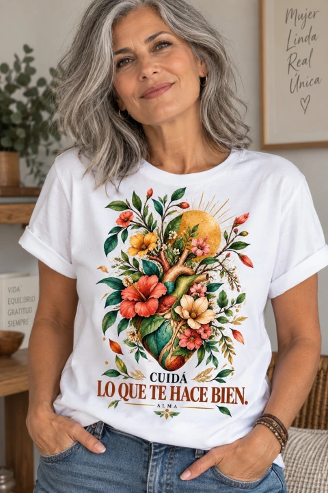 Remera Corazón Florecido · Cuidá Lo Que Te Hace Bien | Algodón Premium · DTG Full HD