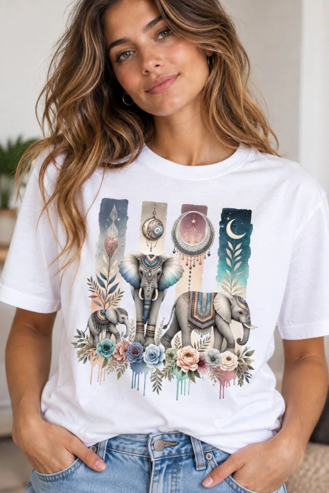 Remera Elefantes Boho · Lunas y Flores en Acuarela | Algodón Premium · DTG Full HD