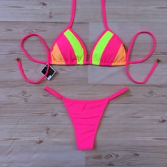 Biquini Cortininha Tricolor MINI Rosa Neon