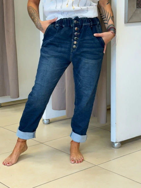 Babucha de jean elastizada con botones de colores - comprar online