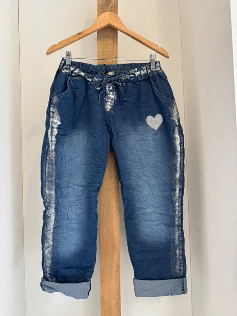 Babucha jean con spandex con corazón plateado - comprar online